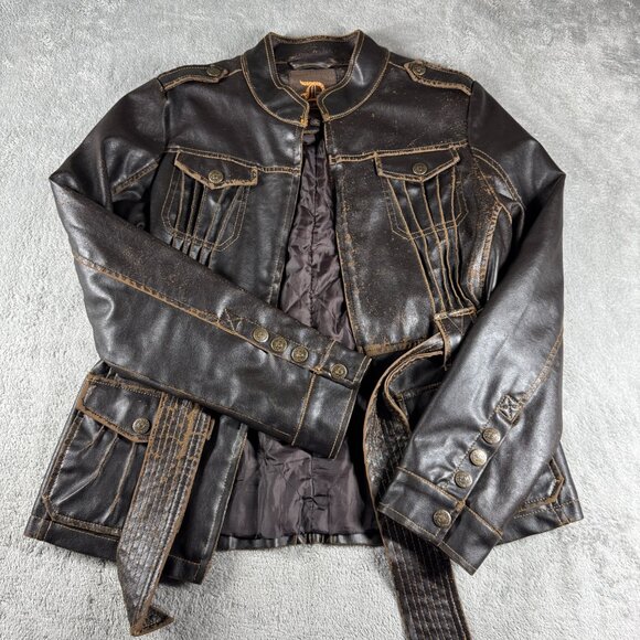 Dollhouse Distressed Moto Utility Belted Faux Leather Jacket Women’s M Brown - Picture 5 of 16